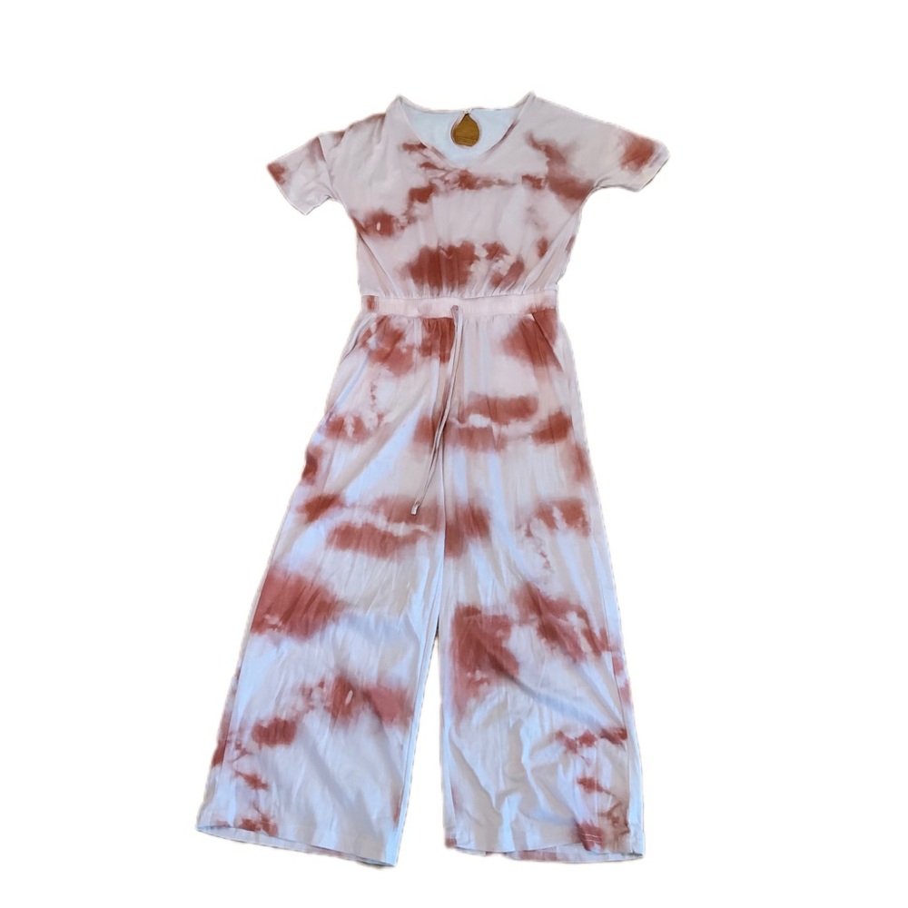 Pink tie-dyed, romper, size small, elastic waist, keyhole, button on the back